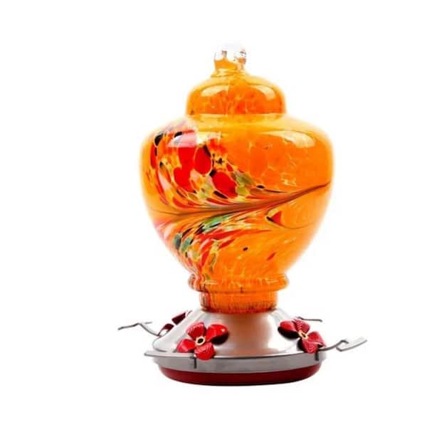 ITOPFOX Outdoor Orange Bird Hummingbird Feeder Painted Glass Flower Hummingbird Water Feeder Food Container for Garden and Patio