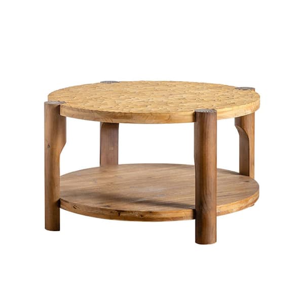 42in. Round Solid Wood Coffee Table, Mid-Century Modern 2-Tier Living Room Table with Storage Shelf