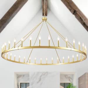 Nazavier 60 in. Gold 36 Light Large Dimmable Wagon Wheel Chandelier Rustic Farmhouse Candle Round Industrial Pendant