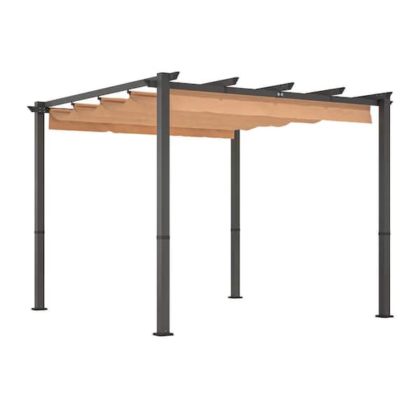 10 ft. x 10 ft. Khaki Aluminum Pergola Canopy with Retractable Pergola, Backyard Shade Shelter for Porch, Party, Garden