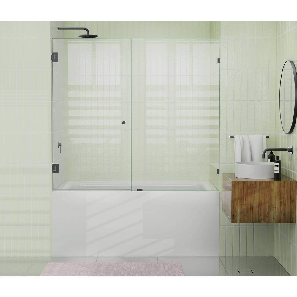 Matte Black Frameless Glass Bathtub Shower Door, 58.25" x 58"