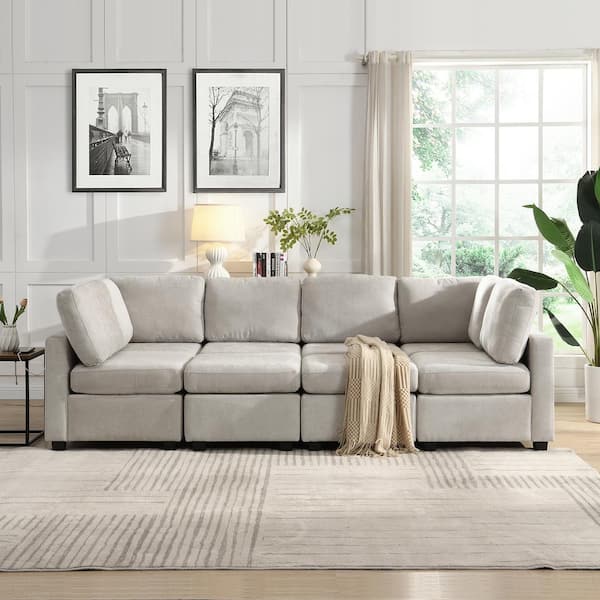 Clihome 103 in. Square Arm Chenille Rectangle Sectional Sofa in Grey with Two Movable Ottoman and Three USB Ports