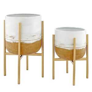 11.5 in. x 11.5 in. x 19 in. Round Metal FirsTime & Co. White and Gold Lilah Outdoor Planter 2-Piece Set