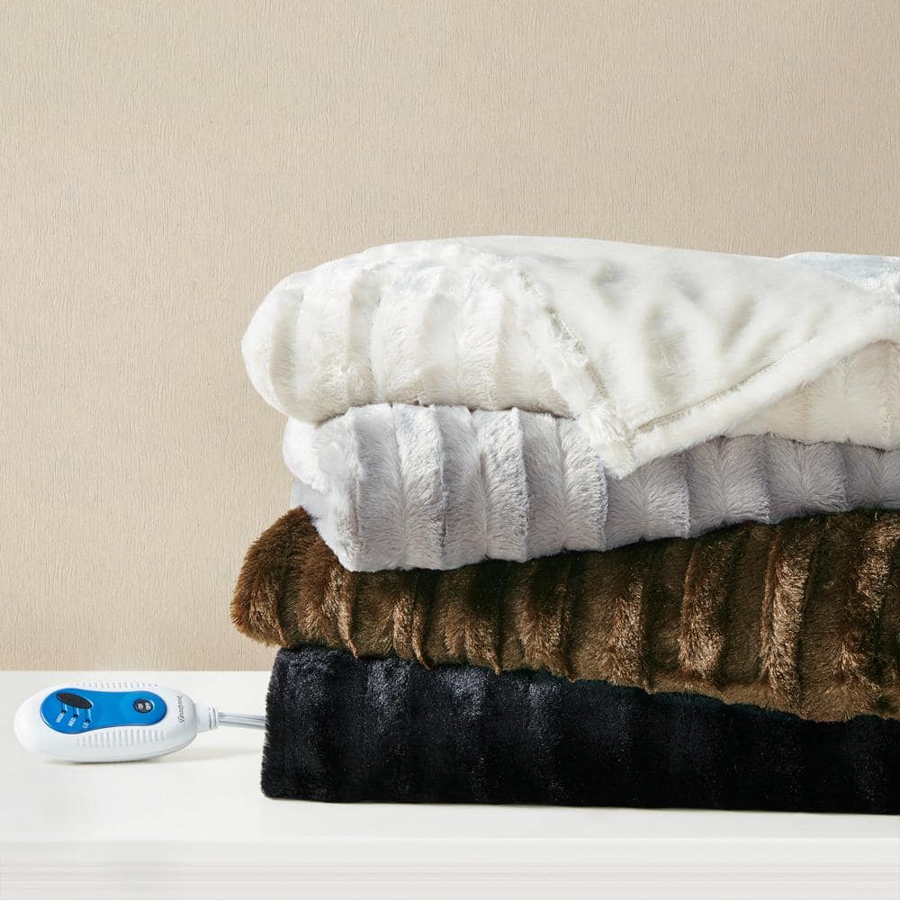 Oversized Gray Faux Fur Electric Heated Throw Blanket