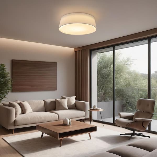 16.3 in. LED Flush Mount Ceiling Light Modern Cone Light Fixture with White Fabric Shade and Milky Glass Shade