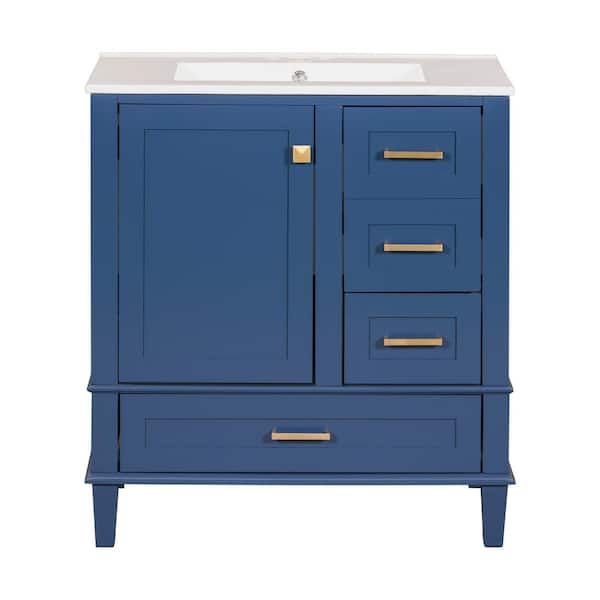 Nyveth 30 in. Modern Blue Bath Vanity with White Ceramic Top, 4-Drawers, Shelves, Wood
