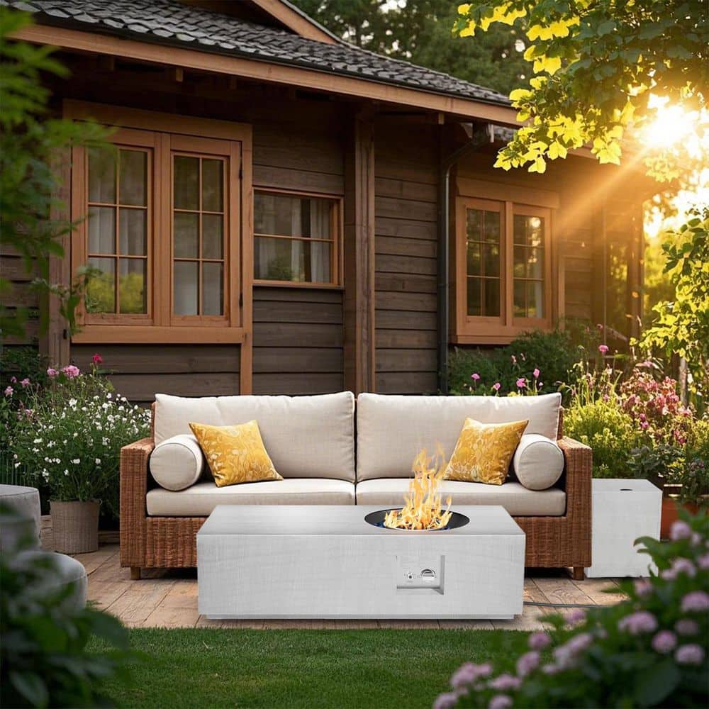 Light Gray Rectangle Metal 48 in. W Outdoor Propane Fire Pit Table with 50,000 BTU Burner and Hidden Tank Holder
