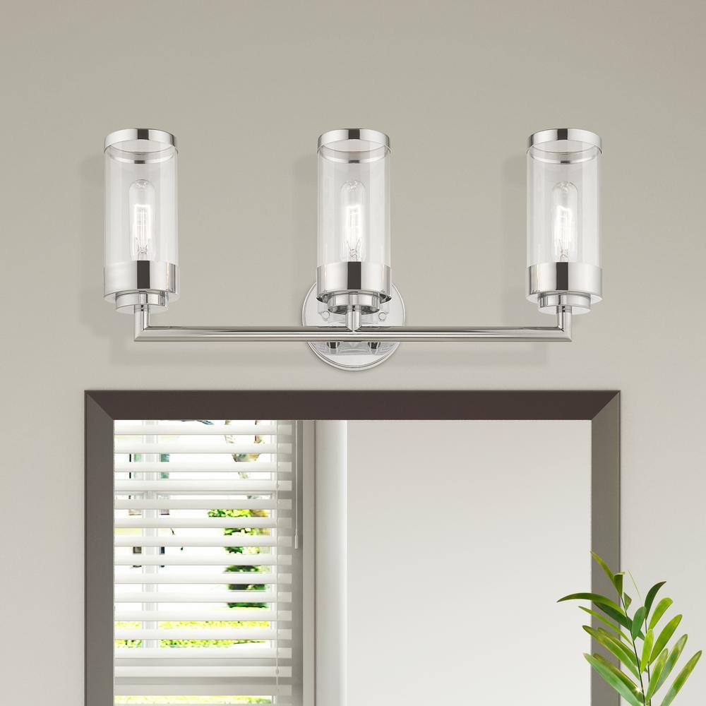 Hillcrest Polished Chrome 3-Light Vanity with Clear Glass Shades