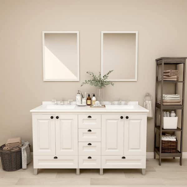 Home Decorators Collection 60 in. W x 21 in. D x 34 in. H Double Sink Freestanding Bath Vanity in White with White Engineered Stone Top