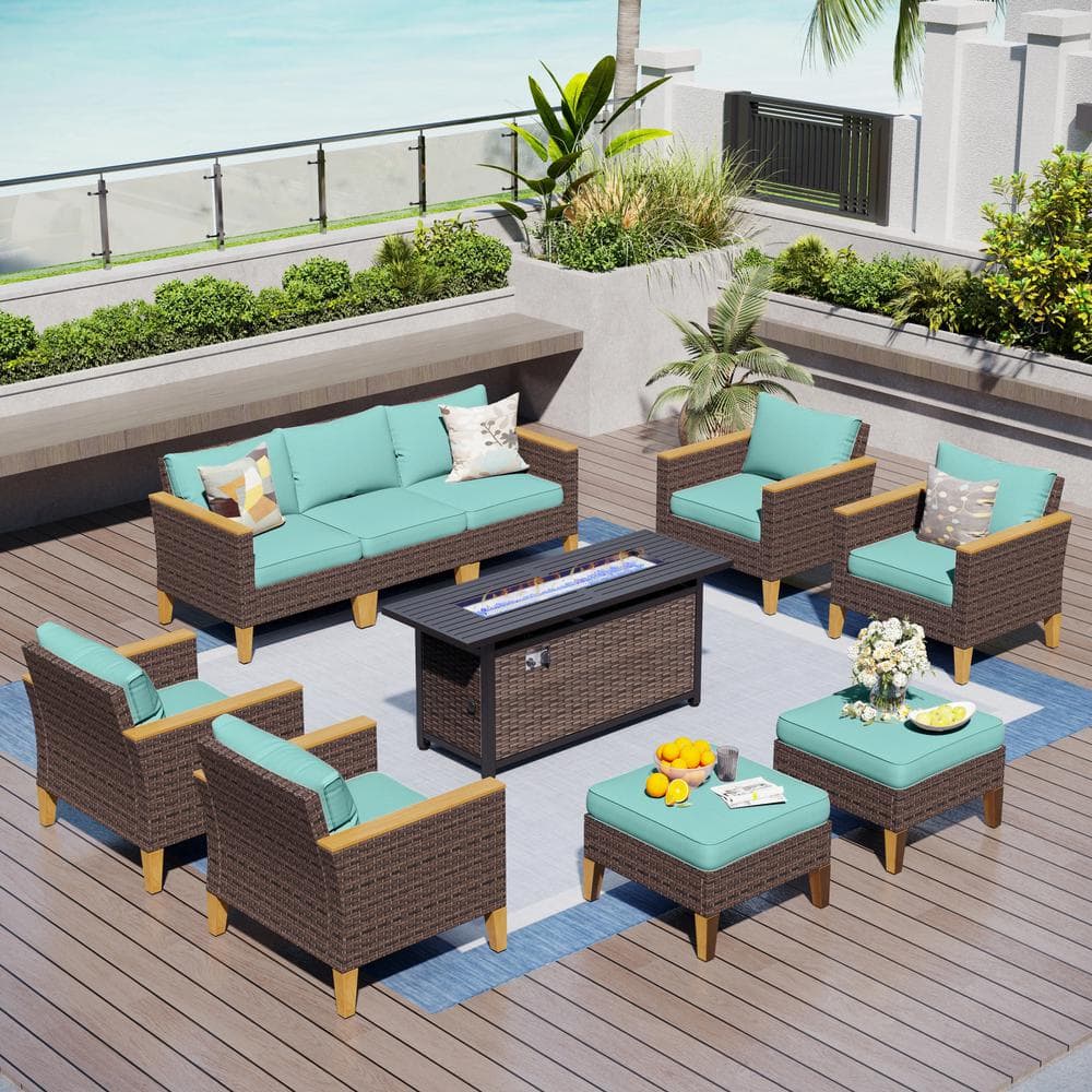 Brown Rattan Wicker 9 Seat 10-Piece Steel Outdoor Patio Conversation Set with Blue Cushions, Rectangular Fire Pit Table price history on PriceWatchPro