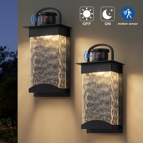 13 in. Black Motion Sensing Dusk to Dawn LED Outdoor Hardwired Wall Lantern Sconce with Bubbled Water Glass (2-Pack)