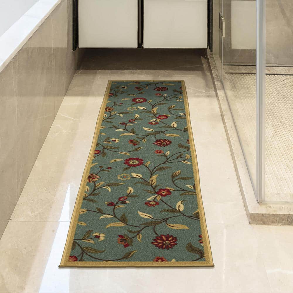 Seafoam Green Floral Non-Slip Hallway Runner Rug