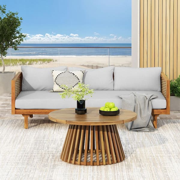 Teak 3-Seater Daybed with Light Gray Cushions and Rattan Arms