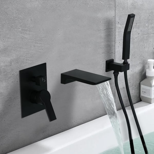 Single-Handle Wall Mount Roman Bathtub Faucet with Hand Shower in Black