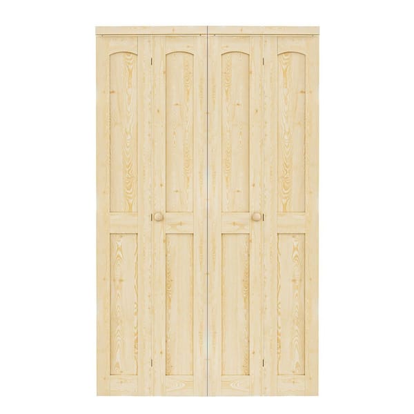 48 in. x 80 in. Arch Panel 2-Lite Solid Core Unfinished Pine Wood Interior Closet Bi-Fold Door with Hardware