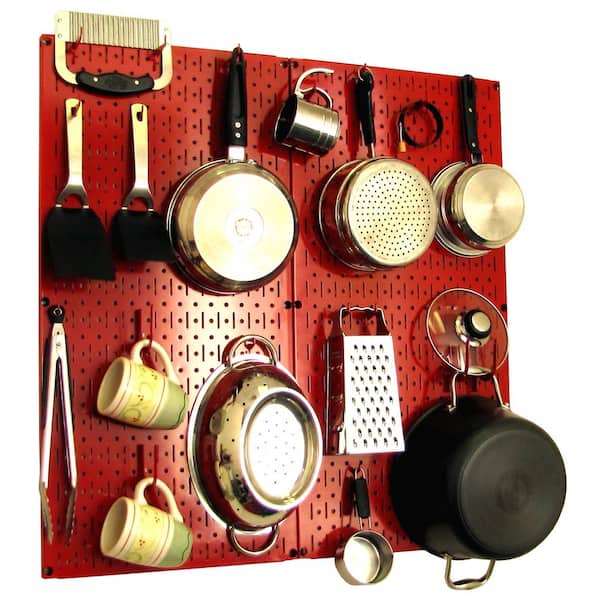 Wall Control Kitchen Pegboard 32 in. x 32 in. Metal Peg Board Pantry Organizer Kitchen Pot Rack with Red Pegboard and Red Peg Hooks