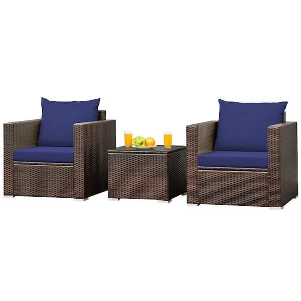 ANGELES HOME 3-Piece PE Wicker Outdoor Sofa Set Patio Conversation Set with Navy Cushions