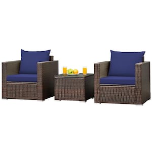 3-Piece PE Wicker Outdoor Sofa Set Patio Conversation Set with Navy Cushions