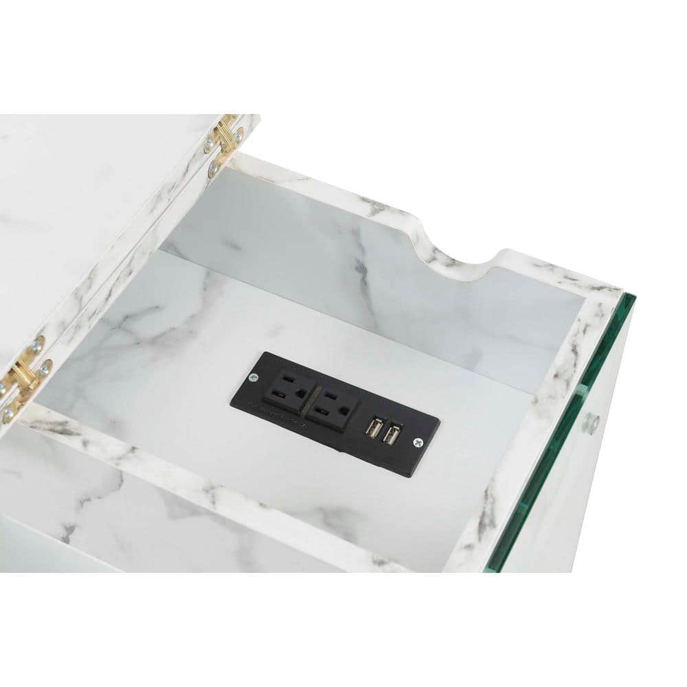 SoHo Modern White Faux Marble Flip Top End Table with Charging Station