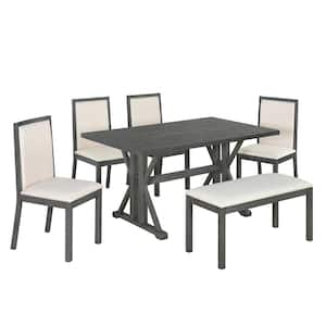 6-Piece Farmhouse Beige/Gray Wood Top Dining Room Set Seats 5