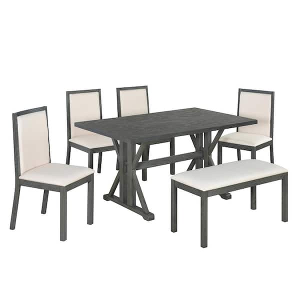 6-Piece Farmhouse Beige/Gray Wood Top Dining Room Set Seats 5