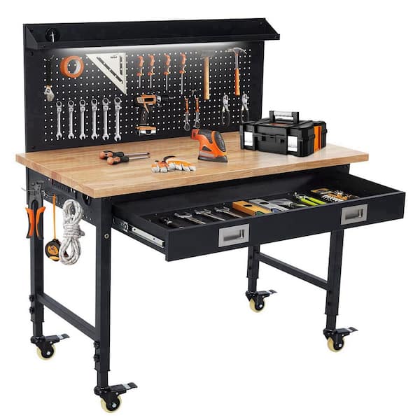 Heavy Duty 48 in. W x 24 in. D Black Steel Mobile Workbench with Rubberwood Top, Drawer & Pegboard, 10 FT Power Cord