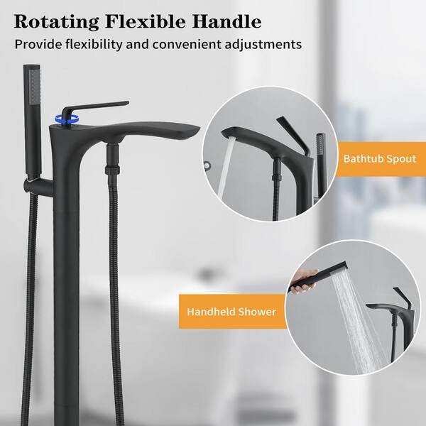 1-Handle Freestanding Floor Mount Tub Faucet Bathtub Filler Brass Bathtub Faucet with Hand Shower in Matte Black