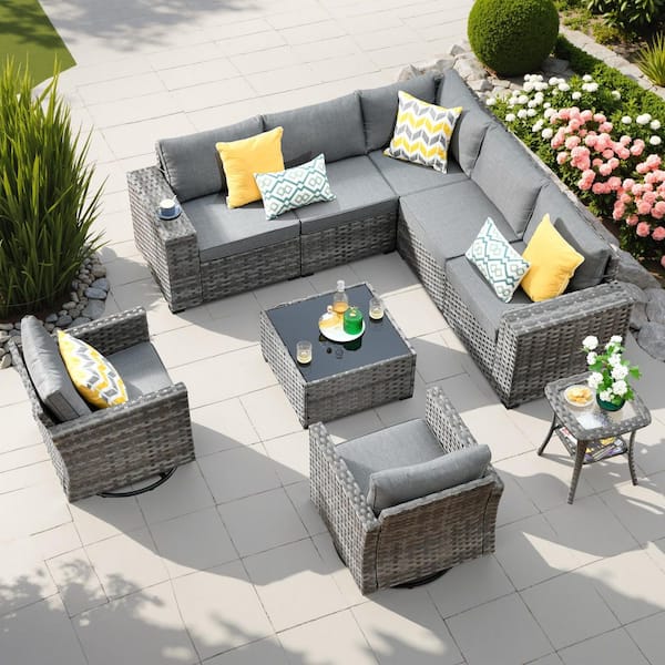 HOOOWOOO Crater Grey 9-Piece Wicker Wide-Plus Arm Patio Conversation Sofa Set with Swivel Rocking Chairs and Dark Grey Cushions