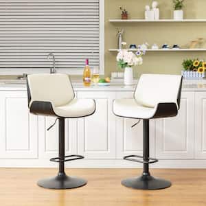 45.75 in. H Mid-Century Modern White PU and Black Bentwood Adjustable Height Swivel Low Back Bar Stool (Set of 2)