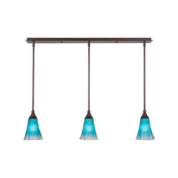 Unbranded Livingston 100-Watt 3 Light Bronze, Linear Pendant Light with 5.5 in. Teal Crystal Glass Shades No Bulbs Included