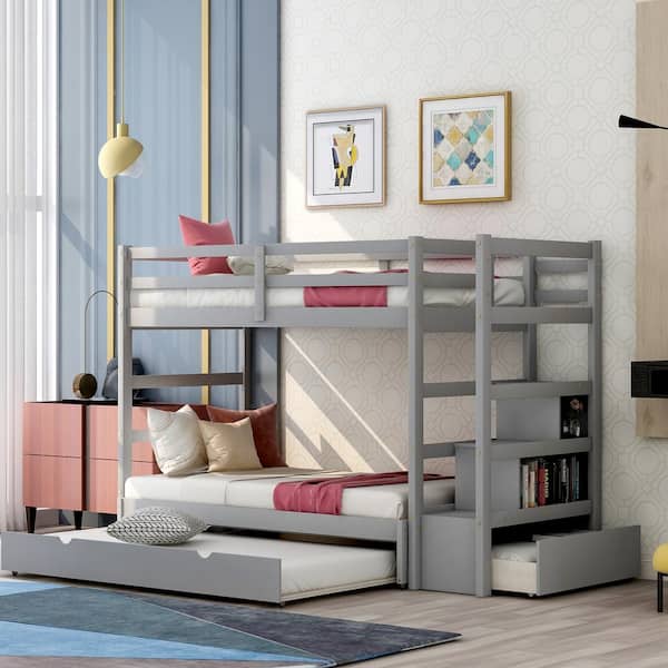 Polibi Twin over Twin/King (Irregular King Size) Bunk Bed with Twin Size Trundle, Extendable Bunk Bed (Gray)
