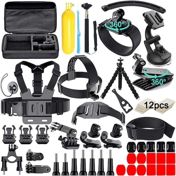61in1 Action Camera Accessories Kit with Chest Harness, Floating Hand Grip & Selfie Stick Monopod in Black