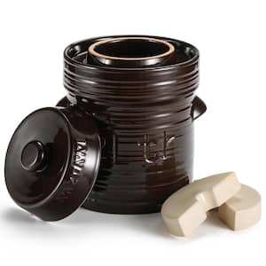 Comodo Ceramic Fermentation Crock -2 Liter (0.5 Gal.) Traditional Water-Sealed Jar with Glazed Weights -Umber Brown