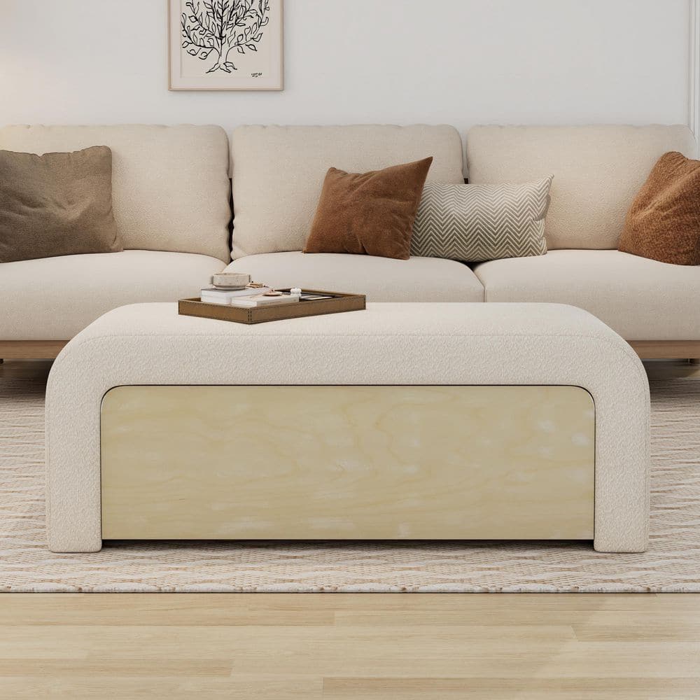Holven Modern White Boucle Fabric Upholstered Rectangle Storage Ottoman with Light Brown Drawer