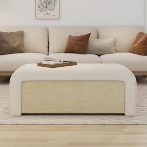 Holven Modern White Boucle Fabric Upholstered Rectangle Storage Ottoman with Light Brown Drawer