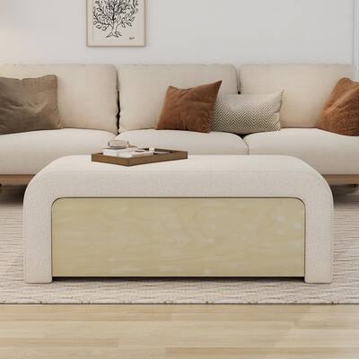 Holven Modern White Boucle Fabric Upholstered Rectangle Storage Ottoman with Light Brown Drawer