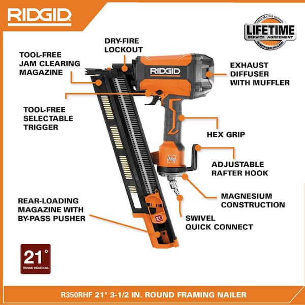 RIDGID R350RHF 3-1/2 in Round-Head Framing Nailer for sale online 