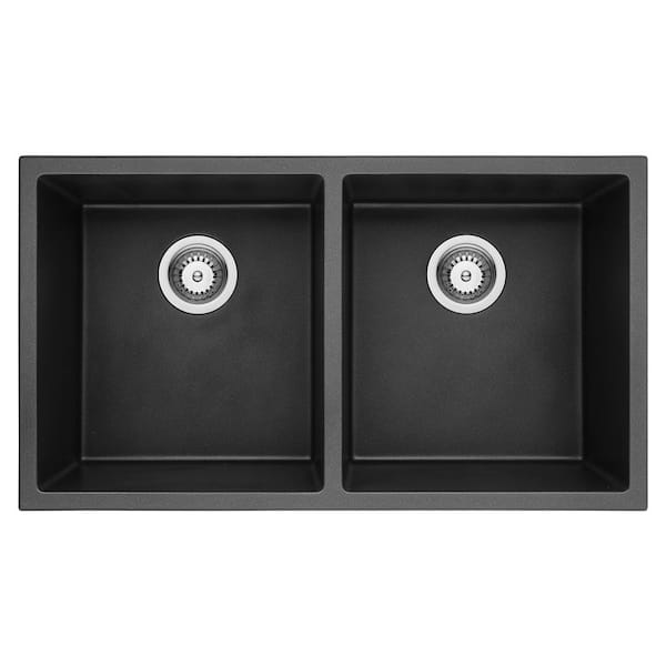 JimsMaison Black Quartz 32 in. Double Bowl Undermount Kitchen Sink with Accessories