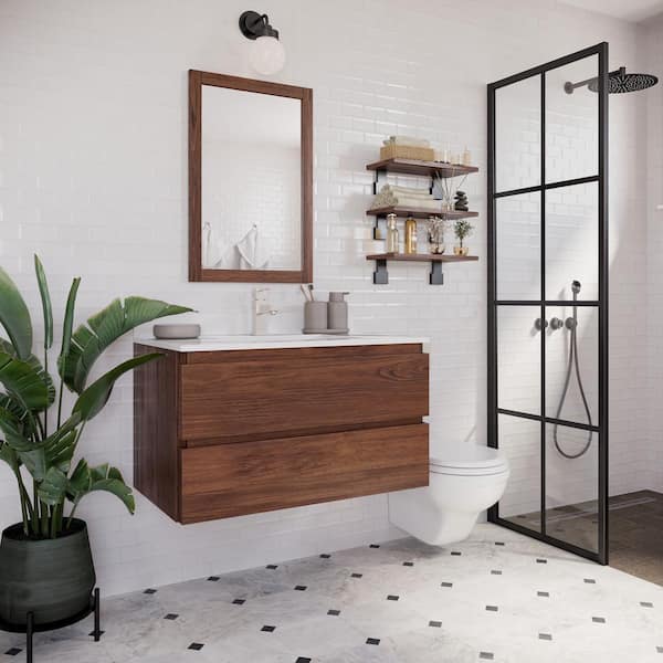 Formosa 36 in. Single Sink Wall Mount Floating Warm Walnut Bath Vanity with White Quartz Top and Undermount Ceramic Sink