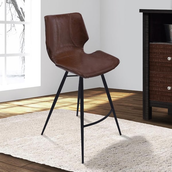 Armen Living Zurich 26 in. Vintage Coffee Faux Leather and Black Metal Finish Bar Stool