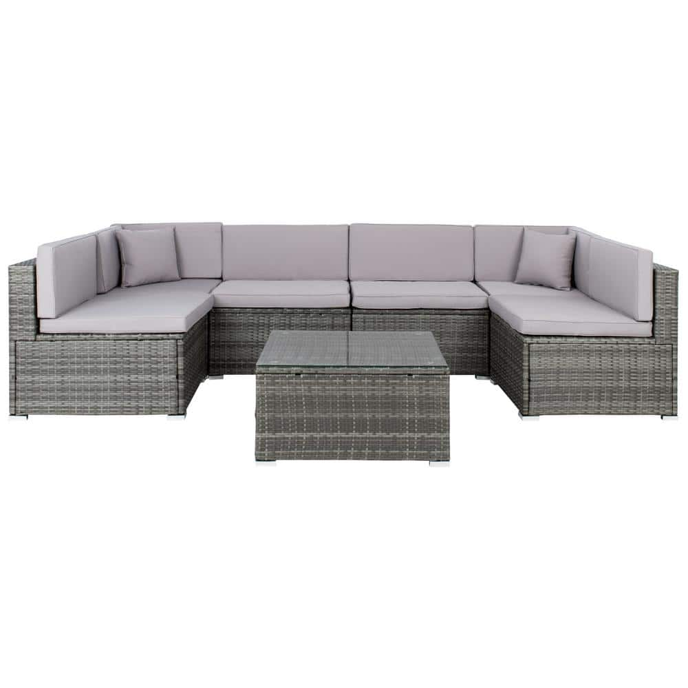 SAFAVIEH Diona Gray Wicker Outdoor Patio Sectional with Gray Cushions ...