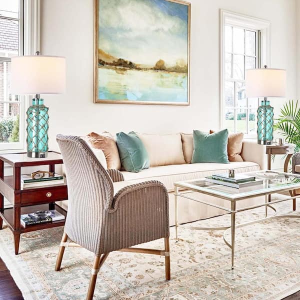 25 in. Coastal Accent Table Lamps Touch Control Blue Green Glass Rope Net Bedside Lamp with Ports Shades for Living Room