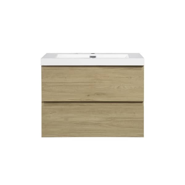 Unbranded 30 in. W x 19.5 in. D Single Sink Wall-Mounted Bathroom Vanity in Natural Oak with Glossy White Cultured Marble Top