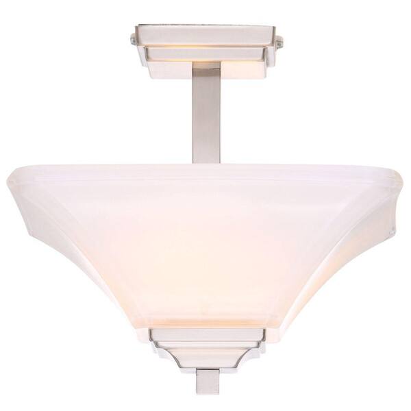 Hampton Bay Nove 13 in. 2-Light Brushed Nickel Square Semi-Flush Mount with White Glass Shade