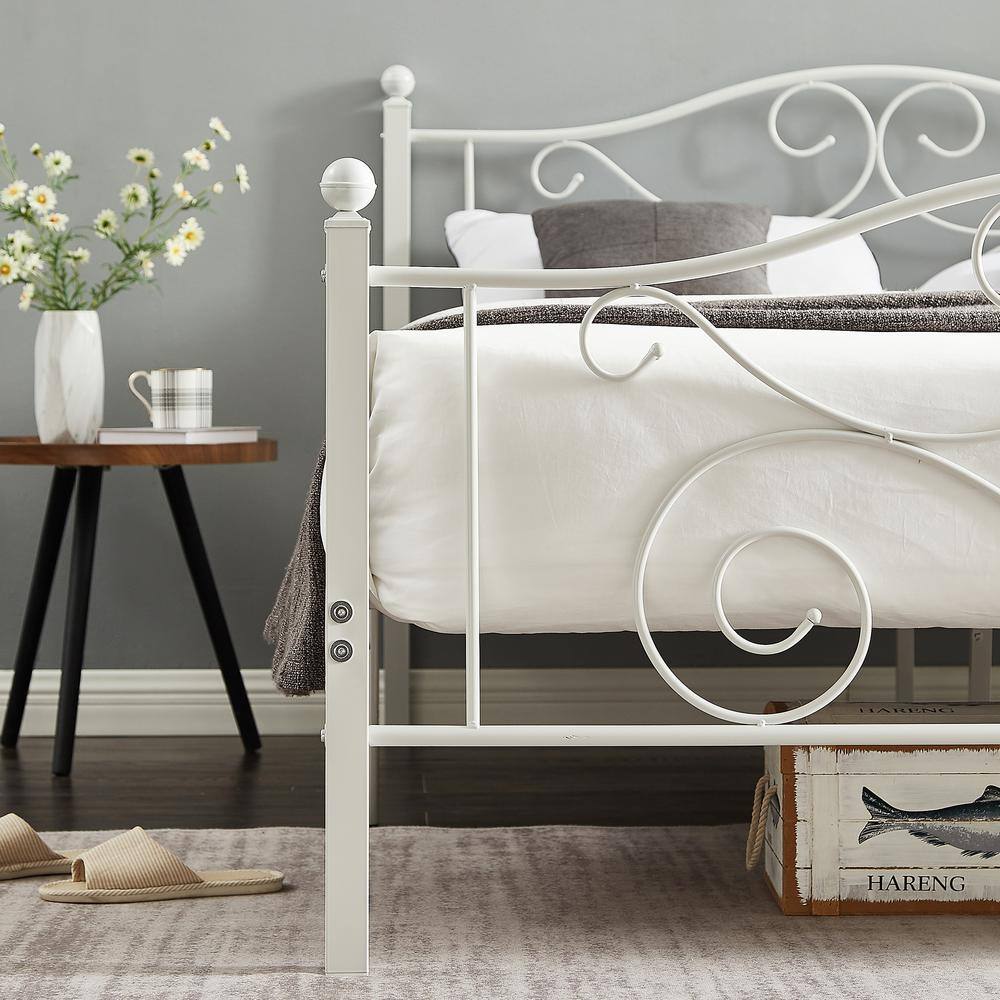 Elegant White Metal Full Size Platform Bed Frame with Headboard