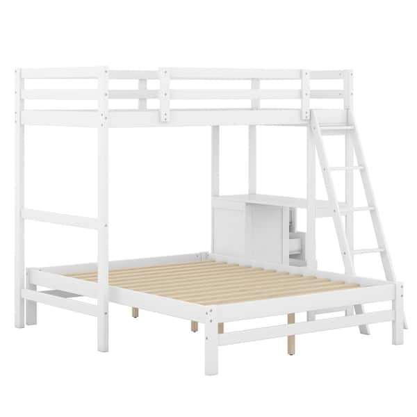 Nestfair White Wood Twin over Full Bunk Bed with Built-in Desk and ...