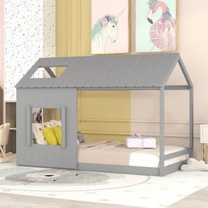 Gray Twin Wooden House bed with Roof and Windows