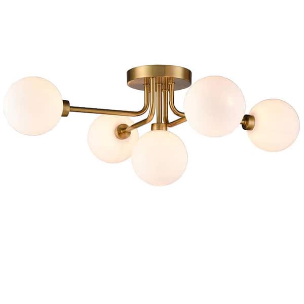 CLAXY 15.5 in. 5-Light Gold Modern Semi-Flush Mount with Frosted Glass Shade and No Bulbs Included 1-Pack