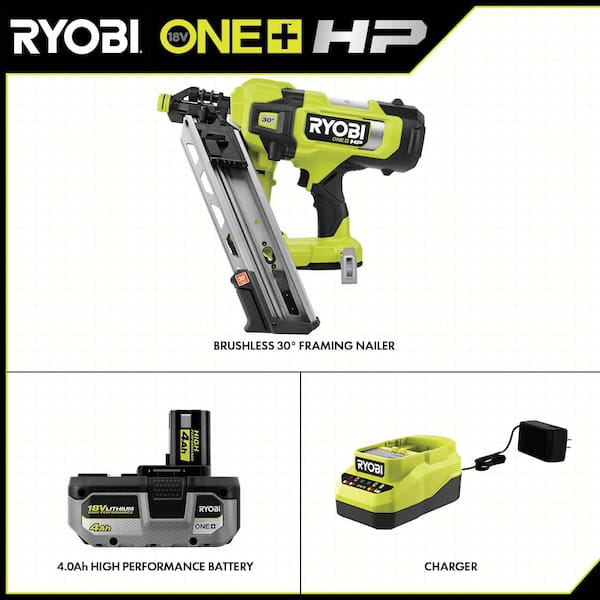 RYOBI ONE+ HP 18V Brushless Cordless AirStrike 30° Framing Nailer Kit with  4.0 Ah HIGH PERFORMANCE Battery and Charger PBL350KN - The Home Depot