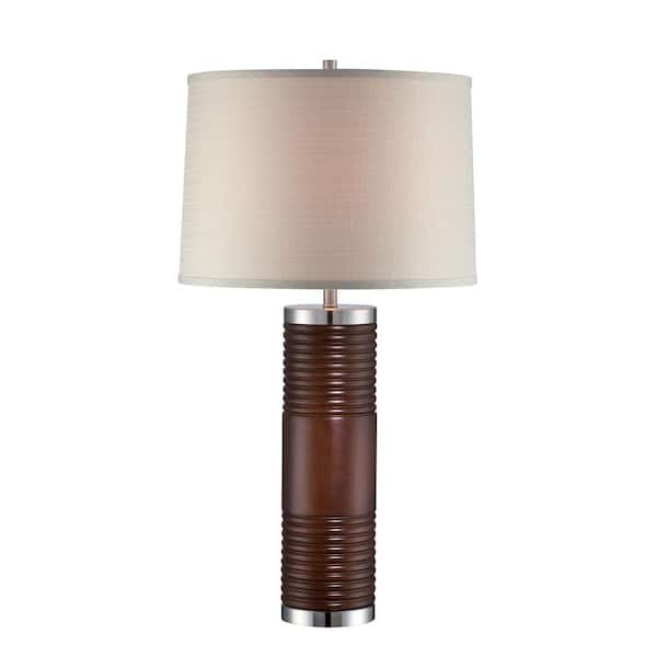 Illumine 29 in. Walnut Table Lamp with Beige Fabric Shade